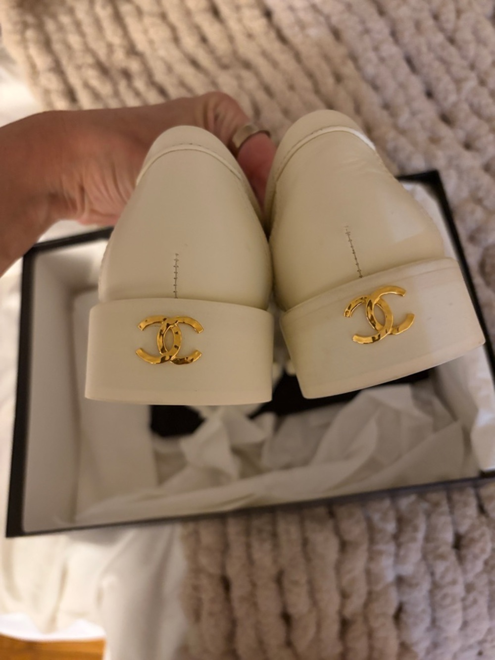 CHANEL Cream Leather Loafers with Gold CC Emblem - Picture 4 of 5